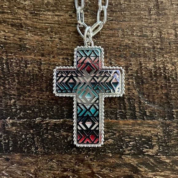 Jewelry - TURQUOISE SERAPE Dakota Cross Silvertone Necklace